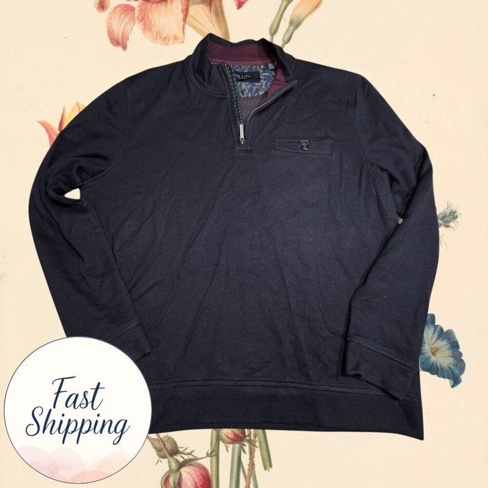 TED BAKER Mens Sweater SIZE 6 Knit Half Zip Pullover Navy blue Wool Blend